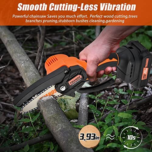 THANOS Mini Chainsaw Cordless,4 inch Electric Chainsaw,Brushless motor,One-Hand Operated Portable Pruning Chain Saw with 2 Batteries & Chains,for Garden Trimming Branch Wood Cutting