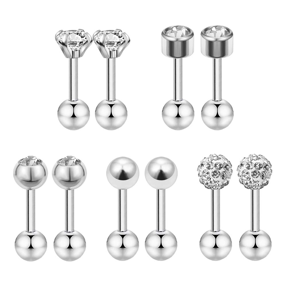 5 Pairs Ball Stud Earrings Stainless Steel 18G Barbell Gartilage Earrings Helix Earrings 4mm CZ Ear Piercing Set (Silver)