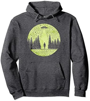 Unisex Green Alien Abduction UFO Cool Science Lover Hoodie Small Dark Heather