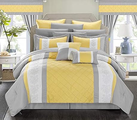 طقم لحاف من Chic Home 24 قطعة بثنيات كاملة مع سرير مطبوع قابل للعكس في حقيبة مع إمكانية معالجة للنوافذ يتضمن كسوة فضي Queen Amazon Ae