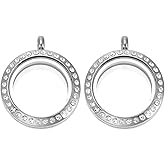 PLIGREAT 2 Pcs Living Floating Memory Locket, 25 mm/1 Inch Stainless Steel Round Glass Locket Pendant Rhinestone Picture Frame Necklace Charms for DIY Crafts and Gifts