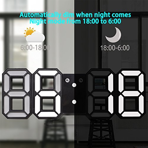 LED Digital Alarm Clock For Desk / Shelf / Tabletop, Modern Home Decoration 3D Wall Clock, Easy To Read at Night, Loud Alarm and Snooze, Big Digit Display (Black Frame, White Light) - Thumbnail 2