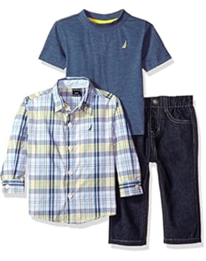 Nautica Baby Boys' Three Piece Set with Long Sleeve Check Woven Shirt, Tee and Pant