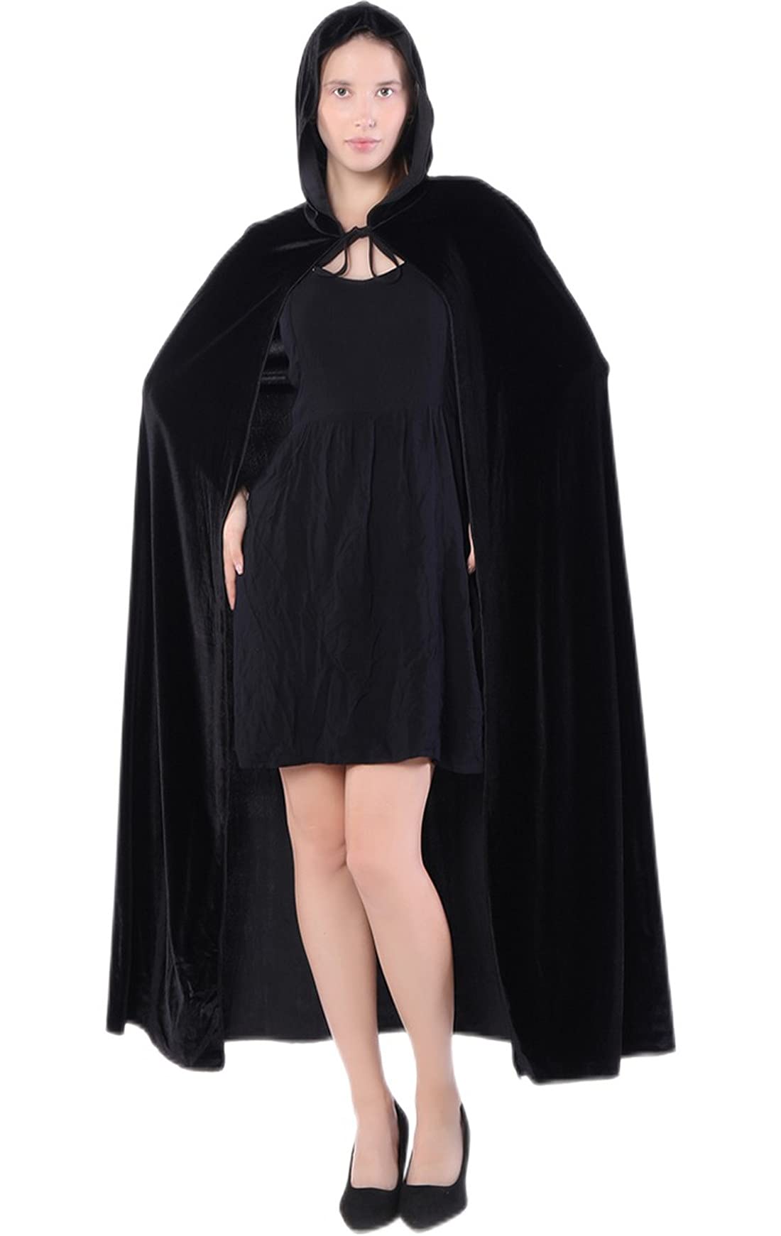 Awlsyj Womens Hooded Cloak Long Velvet Cape Halloween Costumes Robe Masquerade Party Role Cosplay (Black)