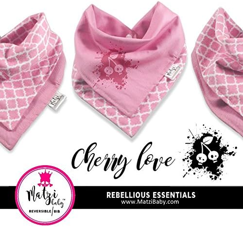 Bandana Bibs for Girls - Pink - Reversible Bib - Adjustable - Layered - CHERRY SKULL