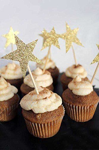 Zicome 50 Pack Double Sided Gold Glitter Cupcake Toppers Attached with Sticks for Baby Bridal Shower Birthday Party and Wedding (Star)