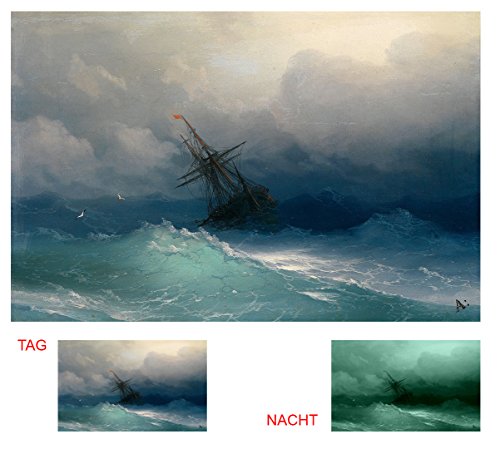 StartonightCanvas Wall Art - Aivazovsky Ship on Stormy Seas Reproduction Picture Painting Stretched Print, Modern Artwork for Living Room, Office Home Decor Large 32" x 48" Day & Night Effect