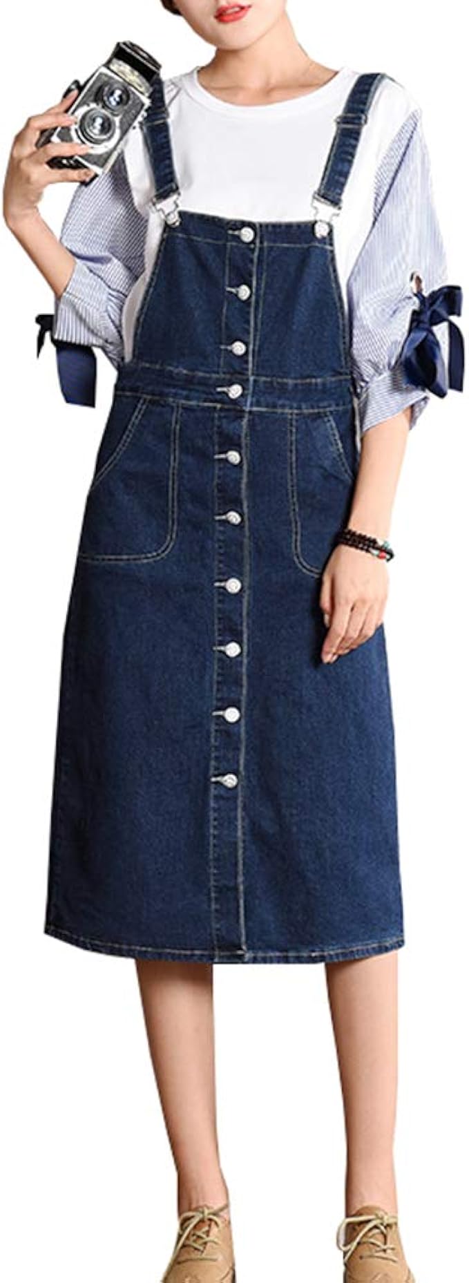 Jeansun Women's Denim Button Down Pinafore Overall Dress Long Suspender Skirt Jumpsuit: Amazon 
