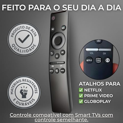 Controle Remoto Compatível com Smart TV Samsung — Com Botões Netflix, Prime Video e Globoplay— Funciona em Modelos 4K, QLED, Crystal, Neo QLED e OLED — Não Precisa Configurar