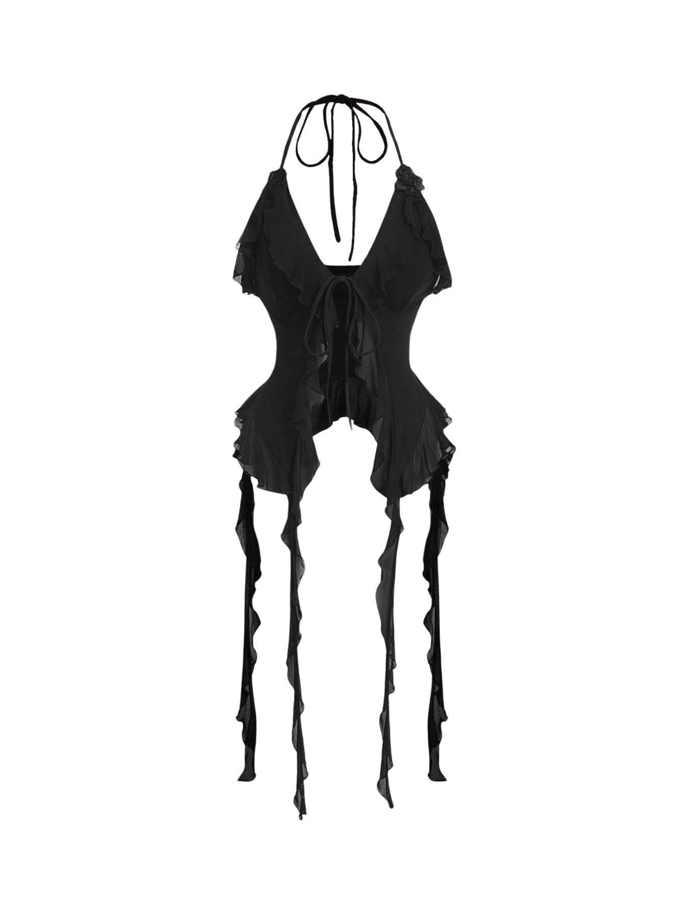 Photo 1 of WDIRARA Women's 3D Flower Tie Front Ruffle Trim Halter Top Tie Backless Camisole