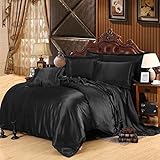 uxcell Black Satin Silk Duvet Cover Bedding Set Cushion Cover Pillow cases Set,Silk Sheet,Queen Size