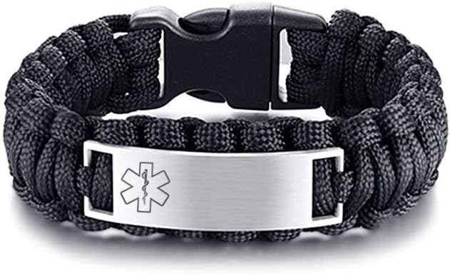 LF Custom Free Engraving Medical Alert Ehlers Danlos Syndrome EDS Awareness Bracelet Braided Paracord Disease ID Bangle for Outdoor Emergency Life Saver for Men,Women-Black,Brown,23cm