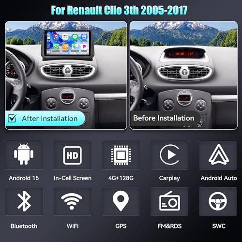 SIXWIN Android 15 Car Radio for Renault Clio 3 (2005-2014) - 4+128GB, with Android Auto Carplay, 9 Inch Touch Screen Stereo with GPS WiFi Bluetooth 5.0 FM RDS EQ with Rear View Camera