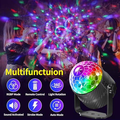 Gobikey Disco Lights 360° Rotating Music Control Disco Ball Party with Remote Control and 2m Cable, 15 RGB Light Effects, Great for Home Party, Birthday, Holiday