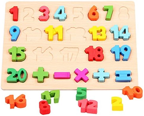 TINNZTES 25Pcs Wooden Numbers ( 0 -20 ) Shape Match Jigsaw Puzzle on Board Maths Counting Early Educational Learning Toy for Children Boy Girls