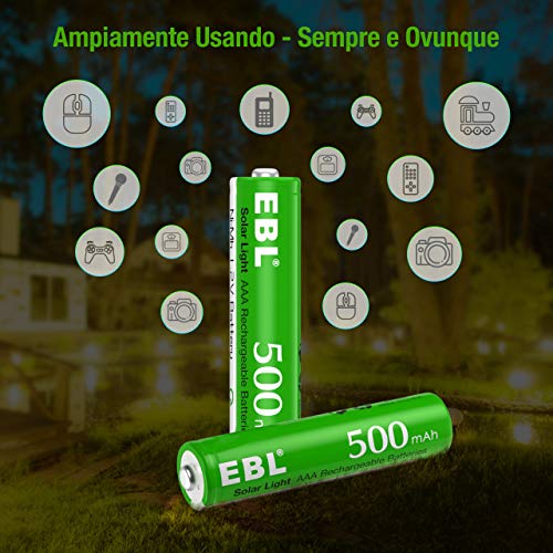 EBL AAA Batterie Ricaricabili, 1.2V 500mAh Ni-MH AAA Pile Ricaricabili per Luci Giardino Solari, Confezione da 20 pezzi