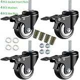 DICASAL 2" Stem Casters, Heavy Duty Swivel Stem Casters PU Foam Quite Mute No Noise Castors Markless Wheels Double Bearings and Locks Loading 300 Lbs Pack of 4 with Brake Black
