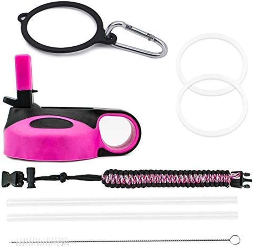 WINFOR Straw Lid Cover Cap Accessories Kit Set Compatible for Hydro Flask Wide Mouth Sport Bottle 12oz to 64oz with Paracord Handle /2 Straw/ 1 Brushes/Alloy Carabiner/Safety Ring,BPA Free (Rose Red)