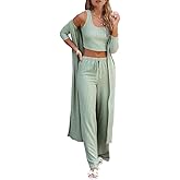 Fessceruna Womens 3 Piece Lounge Sets Pajamas Knit Long Sleeve Cardigan Crop Top Wide Leg Pants Loungewear Set