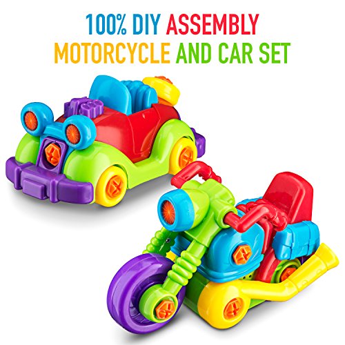 Build your Own and Take Apart Racing Motorcycle & Car Combo Set, Kids Toys Multi Pack, With Sounds & Lights - Includes Mini Philips and Flathead Screws and Screwdriver by Toydaloo