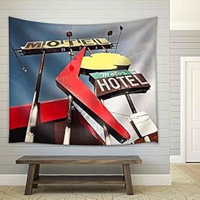 Old Motel Sign on Route 66, USA - Fabric Wall Tapestry Home Decor - 51x60 inches
