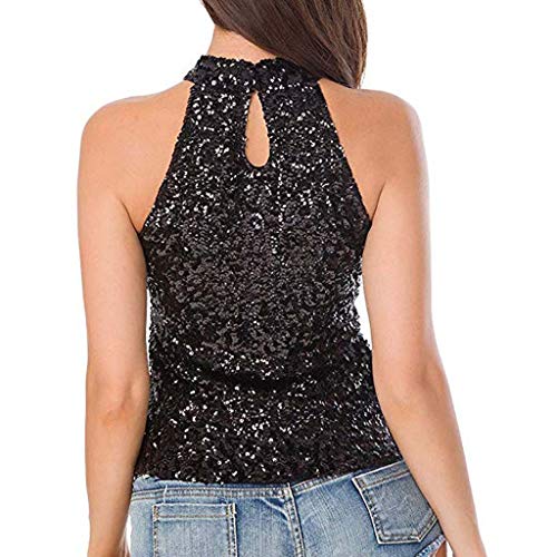 Usstore Women Sequins High Neck Tank Tops Sexy Fashion Shimmer Flashy Embellished Sparkle Nightclub Dance Vest (Free Size, Black)