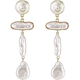 Donabus Statement Pearl Dangle Earrings,Gold and Large Pearl,Luxury Chandelier Organic Style Earrings