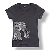 Left Side Elephant Holding Lotus Boho Trendy Hip Style Fashion - Ladies T-Shirt, Heather Charcoal, Medium