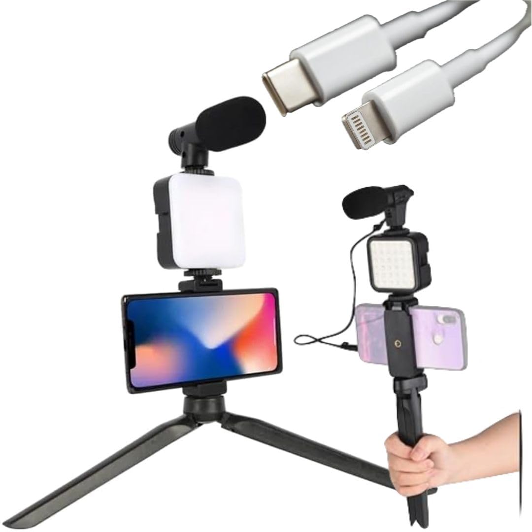 White Isle Low Smartphone Vlogging kit, for Apple & Android, Includes USB-C & Apple standard cable, YouTube Starter Kit, Podcast Equipment, Tripod, Shotgun Mic, led Light, Phone Holder