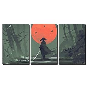 Illustration Samurai Standing on Stairway in Night Forest x3 Panels