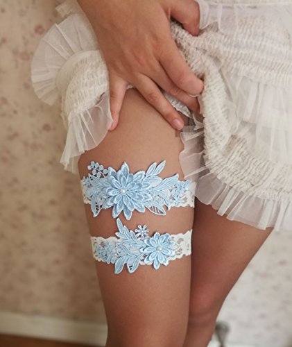 Dasiy wedding garters for bride bridal lace garter set hand sewn pearls (sky blue)