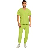 COZYFIT Men Scrubs Set - Stretch V-Neck Top &amp; Jogger Pant with 9 Pockets | Yoga Waistband, Water Resistant Workwear, Easy Care, For Nurses, Clinics, Long Shifts, Daily Uniforms