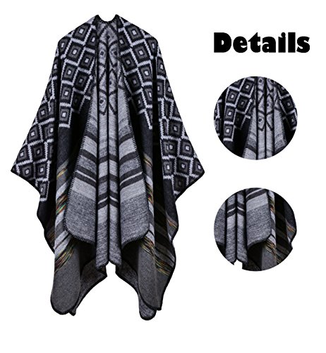 Ponchoï¼ŒJelinda Women's Reversible Tassel Hem Batwing Sleeves Cape Poncho Cloak Jumper (Black)