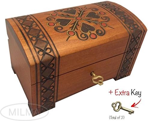 MilmaArtGift Hearts & Diamonds Woden Chest w/Lock and Key Polish Handmade Linden Wood Jewelry Keepsake