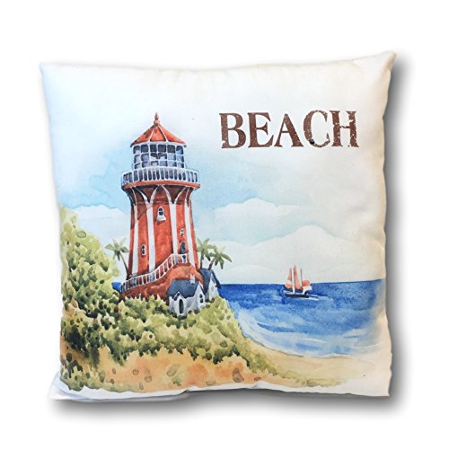 BANBERRY DESIGNS Red Lighthouse Pillow Cover - Nautical Beach House Décor - 14.75" X 14.75" Accent Pillow for Home Décor