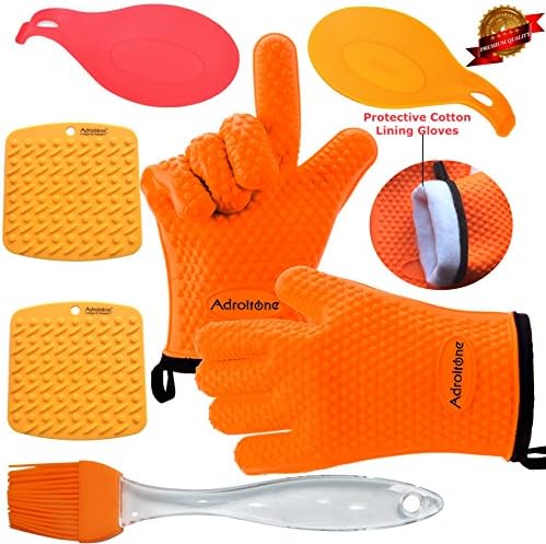Silicone Oven Mitts/BBQ Gloves Premium Quality Incredibly LOW PRICE With Protective Fabric/Cotton Lining Total 7 Pieces 5 FREE BONUS - 2 SPOON Rest 2 Silicone PotHolders/Trivets 1 Pasty/Basting Brush