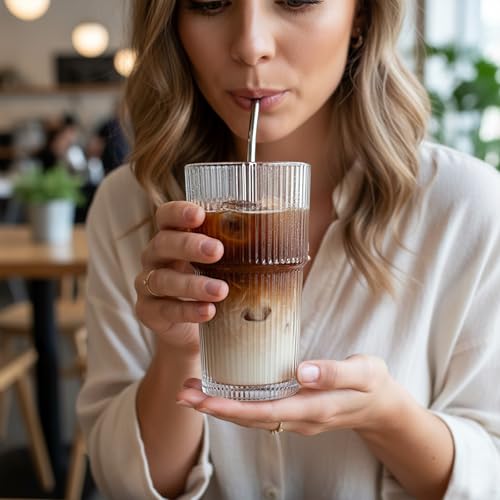 WeirdUncle Vintage Ribbed Glasses, Set of 6, 20oz Tumblers, Large Capacity, Origami Design, Fluted for Water, Iced Coffee, Beer, Tea, Latte