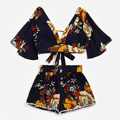Leedford Women's 2 Pcs Floral Print V Neck Bohemian Crop Tops+Shorts Set Two Piece Outfit Suit (L, Black)