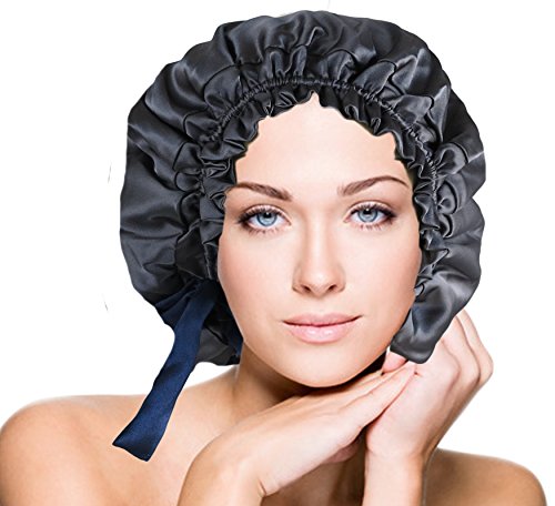 Double Layers Italian Silk Cap Sleep Bonnet Adjustable Curly Hair Grey