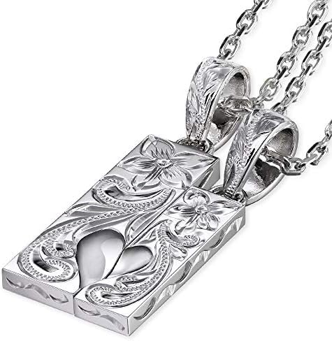 Hawaiian Jewelry Pair Necklace with Free Engraving, 925 Silver LOVE Heart Plate Pendant Set of 2 with 4 Faceted Cable Chain SP312P