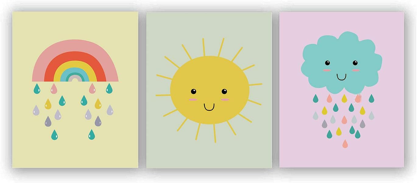 Colorful Rainbow Sun Art Print Inspirational Quote Art Painting Set of 3 (8”X10” Canvas Picture),Rainbow Clouds Rain Kids Gift Wall Art Poster for Nursery Or Kid Room Home Decor,No Frame