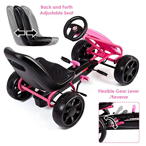 Costzon Pedal Go Kart, Pedal Powered Kids Ride on Car Toy, Children's 4 Wheels Riding Car Crazy Cart w/ Adjustable Seat, Foot Pedal, for Boys & Girls Age 3 to 8 Years Old, Indoor & Outdoor (Pink) - Thumbnail 2