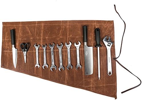 HUANGYUAN Waterproof Waxed Canvas Tool Roll with 14 Slots Wrench Bag Hand-cut and sewn,for craftsmen and women, DIY enthusiasts A185 Dark Brown