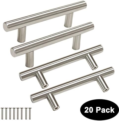 20 Pack Probrico Modern 3inch (76mm) Kitchen Cabinet Handles Cupboard T Bar Drawer Pulls Door Handles Knobs Stainless Steel Brushed Nickel Finish Diameter 1/2inch (12mm)