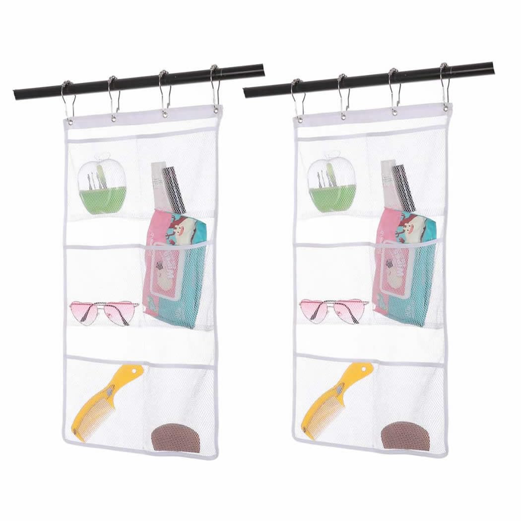 Bsagve 2 Pack Mesh Hanging Caddy Organizer with 6 Pockets, Shower Curtain Rod Liner Hanging Organizer Storage Pockets Bathroom Hanger Organizer, Bath Toy Holder Organizer with Portable 4 Rings
