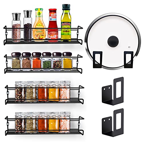 Amazon Brand - Umi Rangement Epices, Etagere a Epices Acier Allié Rangement Epices Cuisine 4 Pièces, Porte Epices Cuisine Etagere a Epices Murale et Support de Couvercle de Casserole