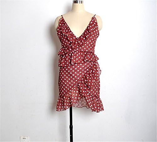 Sexy Ruffle Dot Print Boho Dress Women Sexy Vneck Sleeveless Mini Dress Spring Chic Summer Dress Robe Femme Brown M