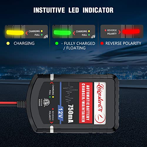 LEICESTERCN Automatic Trickle Battery Charger Maintainer 12V 750mA Smart Float Charger for Car Motorcycle Lawn Mower Tractor Boat SlA ATV WET AGM GEL Cell Lead Acid Batteries