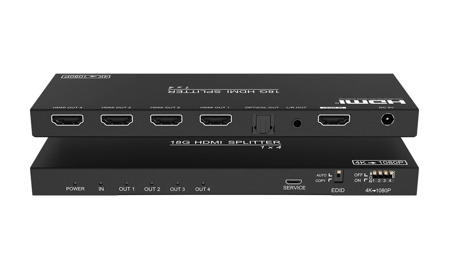 FOURKAY 1x4 4K HDMI Splitter with 4K->1080p Downscaling and Stereo Audio Extraction. HDMI 2.0b, HDCP2.2 HDCP1.4