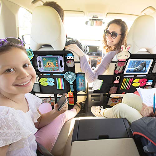 Car Back Seat Organizer - Universal Car Seat Back Protectors Kick Mats with 12 Storage Pockets Touchable Tablet Holder for Kids Baby vehicle organizer, 2 Pack Car Seat Organizers+ 2 Car Headrest Hook